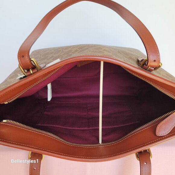 COACH Taylor Signature Logo Canvas Tote with C Dangle Charm-Tan Rust color ⭐ - Picture 14 of 16